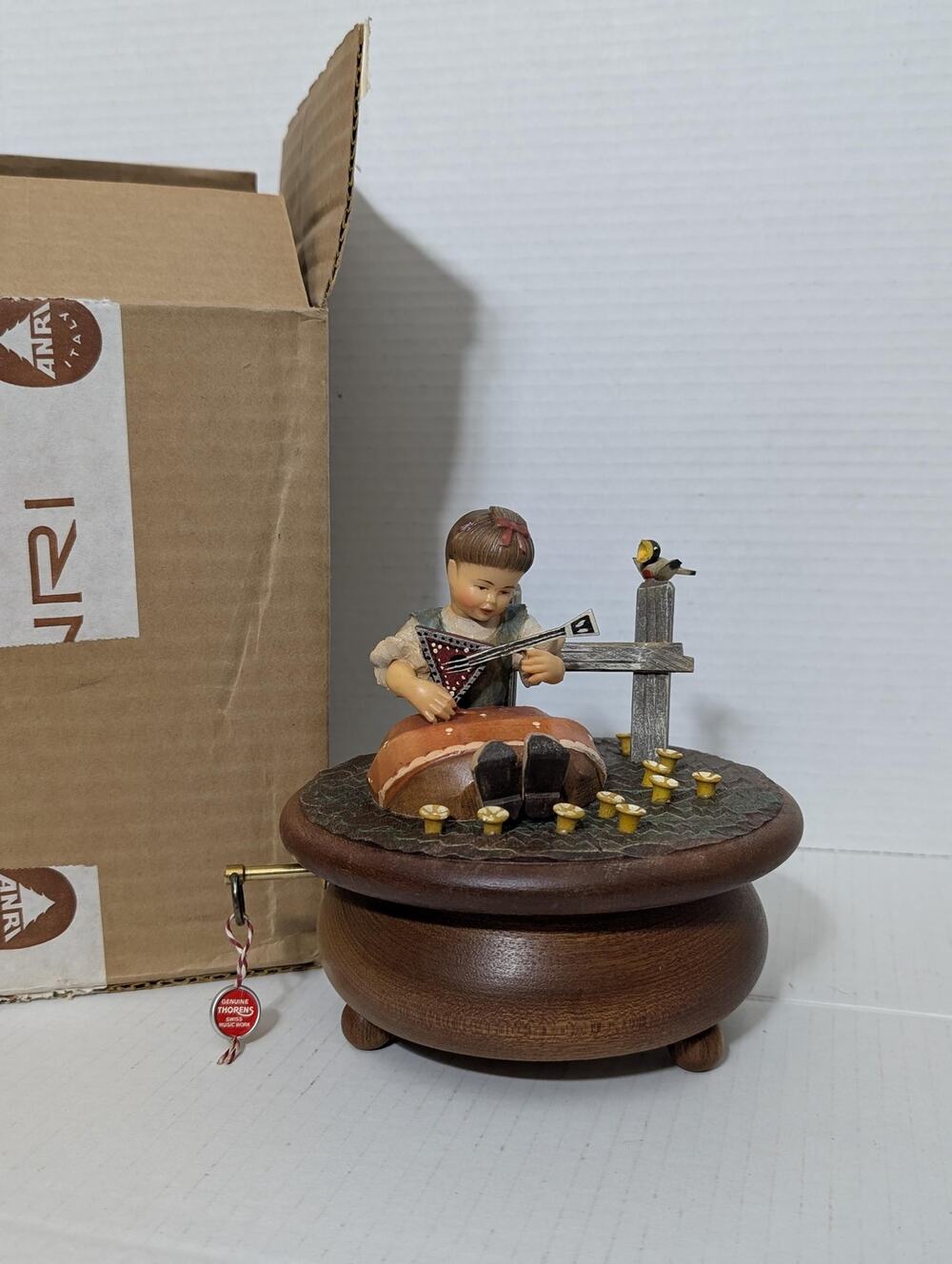 Vintage ANRI Italy Carved Wood Girl Lute Large Music Box Lara's Theme NOS